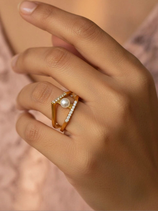 Geometric Pave Triangle & Pearl Stackable Ring