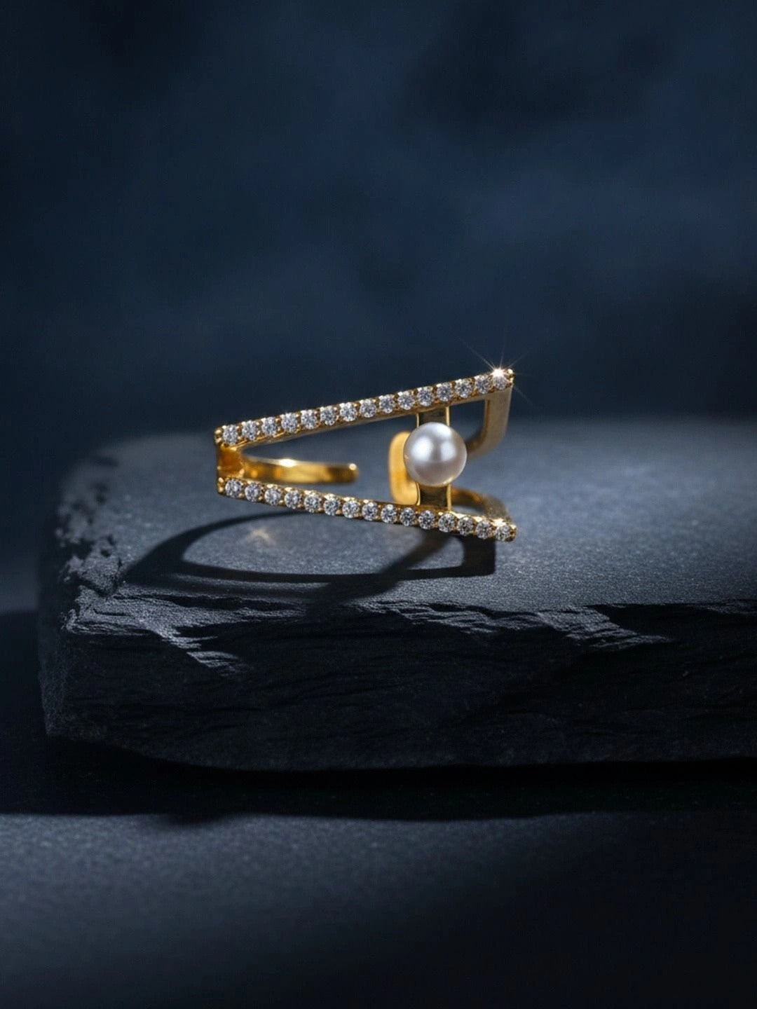 Geometric Pave Triangle & Pearl Stackable Ring