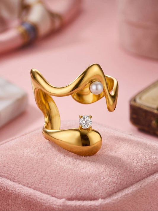 Wavy Abstract Open Solitaire Pearl Ring