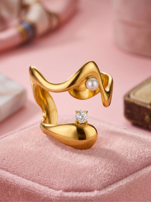 Wavy Abstract Open Solitaire Pearl Ring