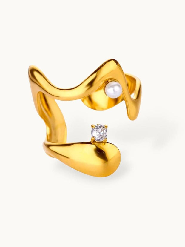 Wavy Abstract Open Solitaire Pearl Ring