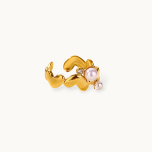 Wavy Heart Shape Dual Pearl Accents Adjustable Ring