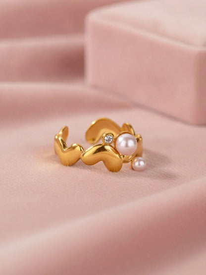 Wavy Heart Shape Dual Pearl Accents Adjustable Ring