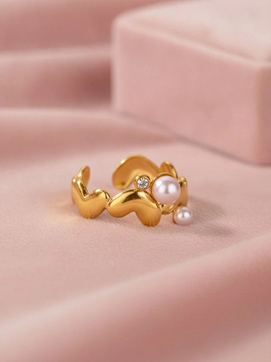 Wavy Heart Shape Dual Pearl Accents Adjustable Ring
