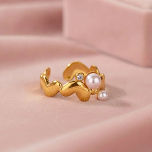 Wavy Heart Shape Dual Pearl Accents Adjustable Ring