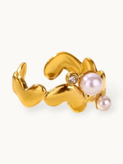 Wavy Heart Shape Dual Pearl Accents Adjustable Ring