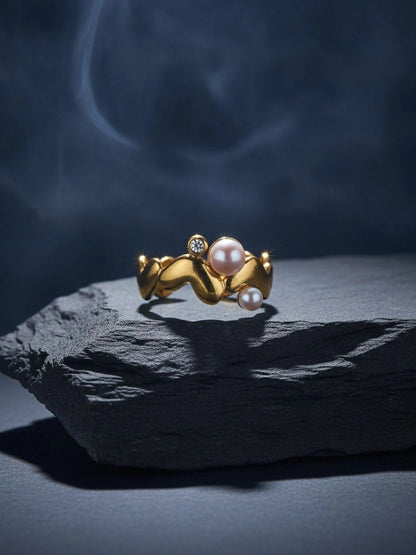 Wavy Heart Shape Dual Pearl Accents Adjustable Ring