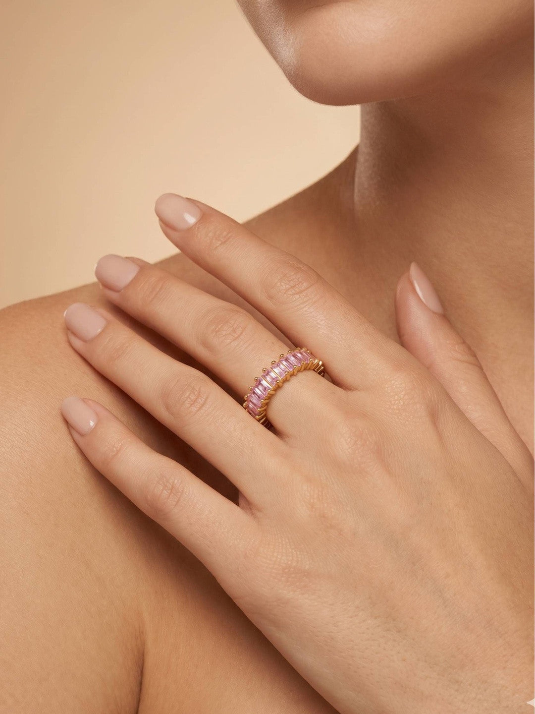 Luxe Rose Quartz Baguette Eternity Stackable Band Ring