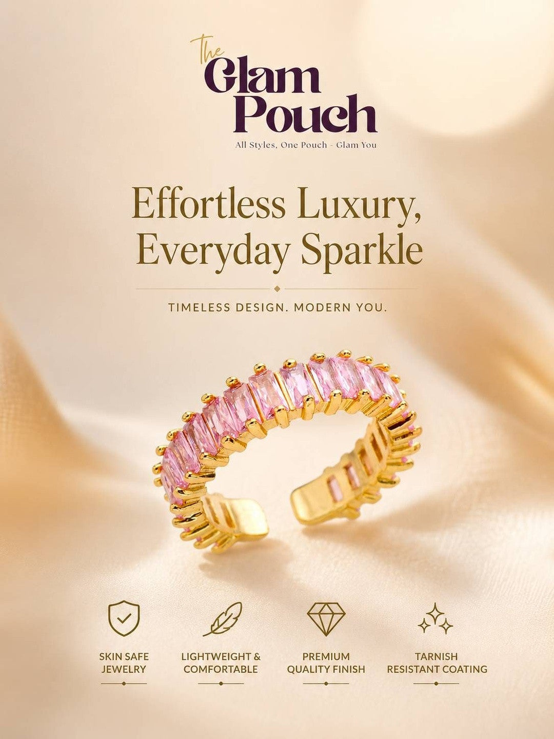 Luxe Rose Quartz Baguette Eternity Stackable Band Ring