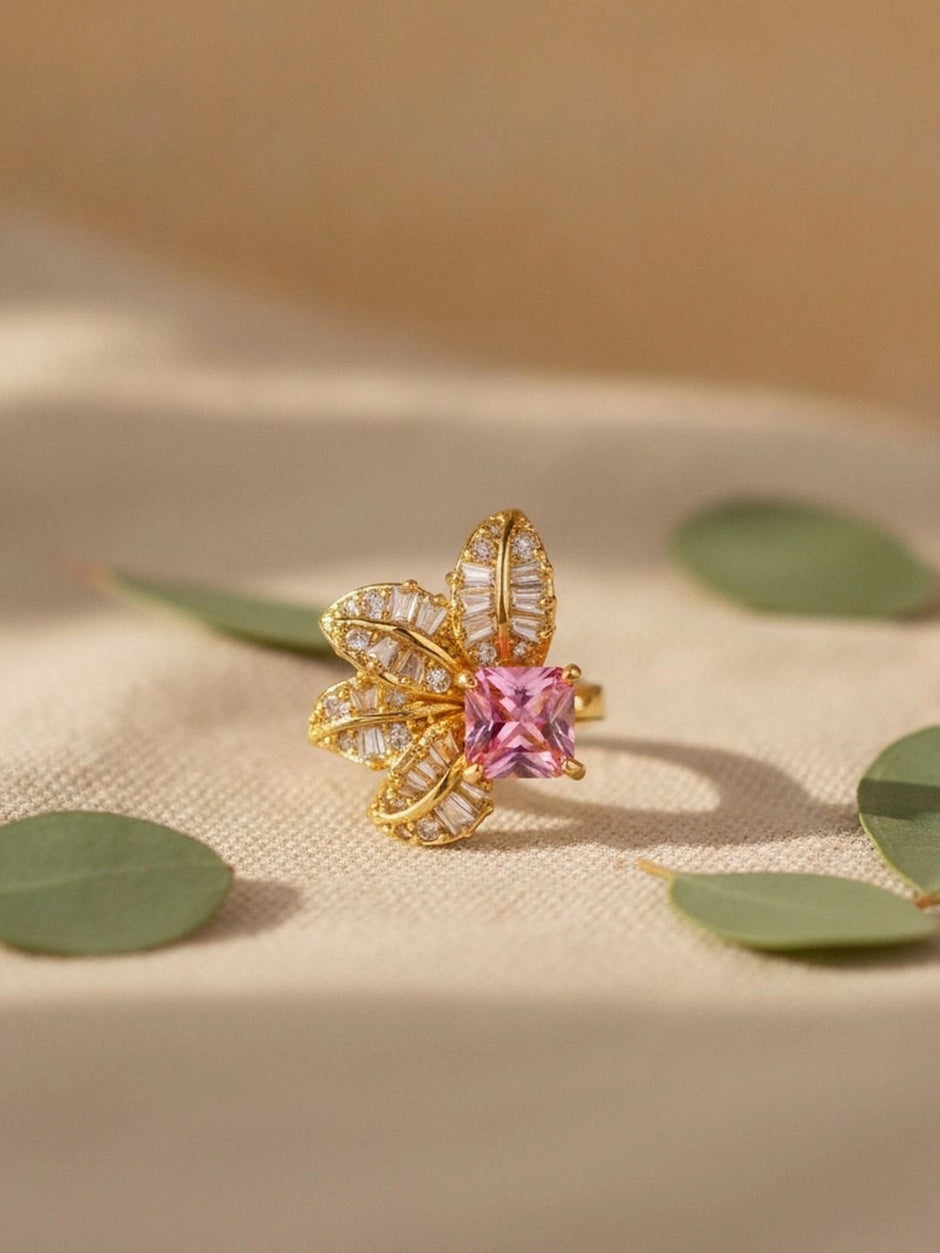 Dazzling Floral Pink Sapphire Gold Plated Diamond Ring