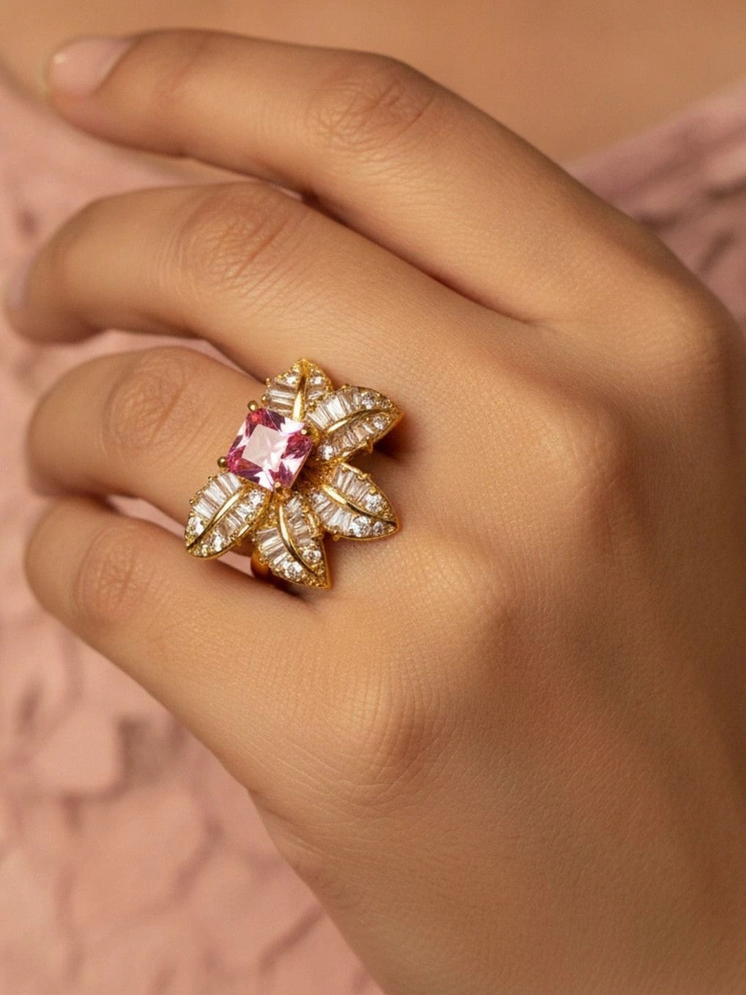 Dazzling Floral Pink Sapphire Gold Plated Diamond Ring