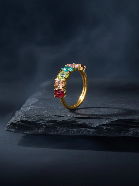 Vibrant Rainbow Stone's Eternity Stackable Gold Band