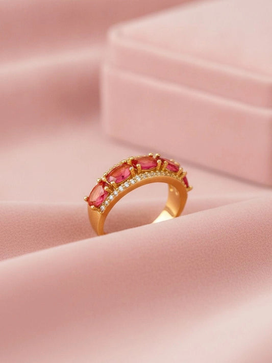 Opulent Oval Halo Stackable Gold Band Ruby Ring