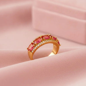 Opulent Oval Halo Stackable Gold Band Ruby Ring