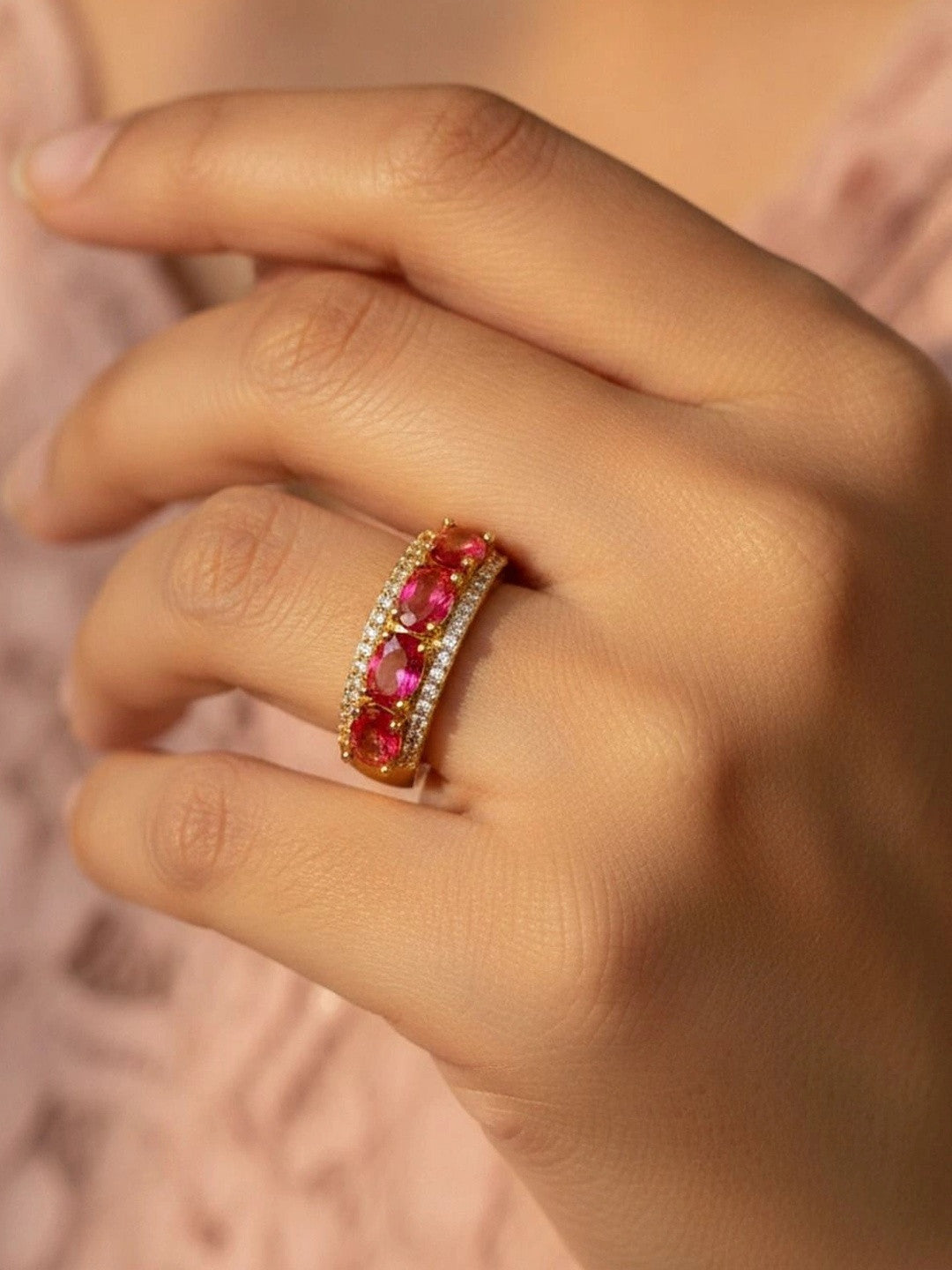 Opulent Oval Halo Stackable Gold Band Ruby Ring
