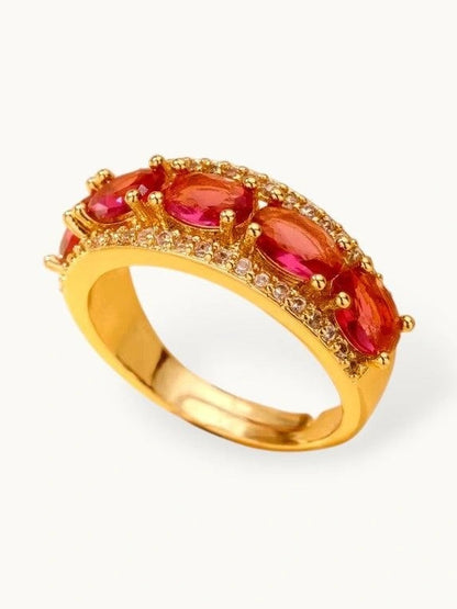 Opulent Oval Halo Stackable Gold Band Ruby Ring