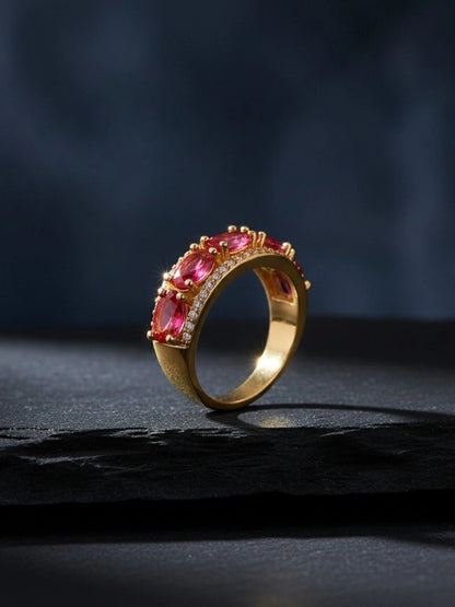 Opulent Oval Halo Stackable Gold Band Ruby Ring