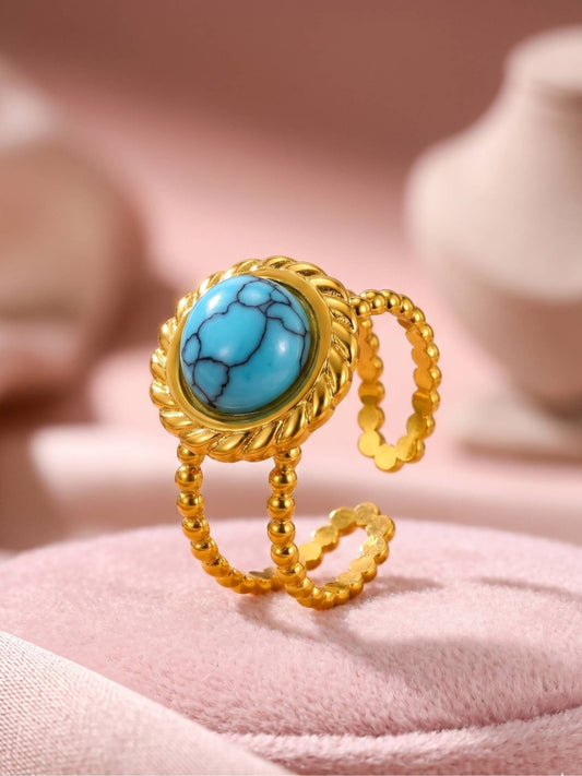 Boho Beaded Oval Turquoise Cabochon Adjustable Ring