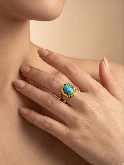 Boho Beaded Oval Turquoise Cabochon Adjustable Ring
