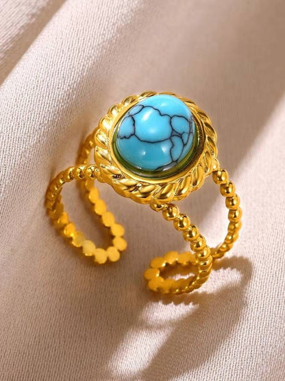 Boho Beaded Oval Turquoise Cabochon Adjustable Ring