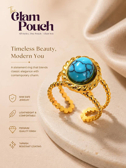 Boho Beaded Oval Turquoise Cabochon Adjustable Ring