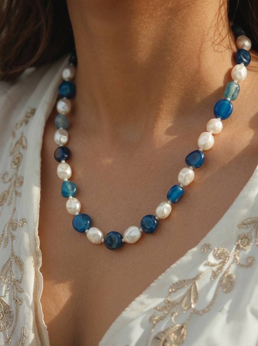 Blue agate and baroque pearl necklace worn at the collarbone over a white embroidered kurta in sunlight