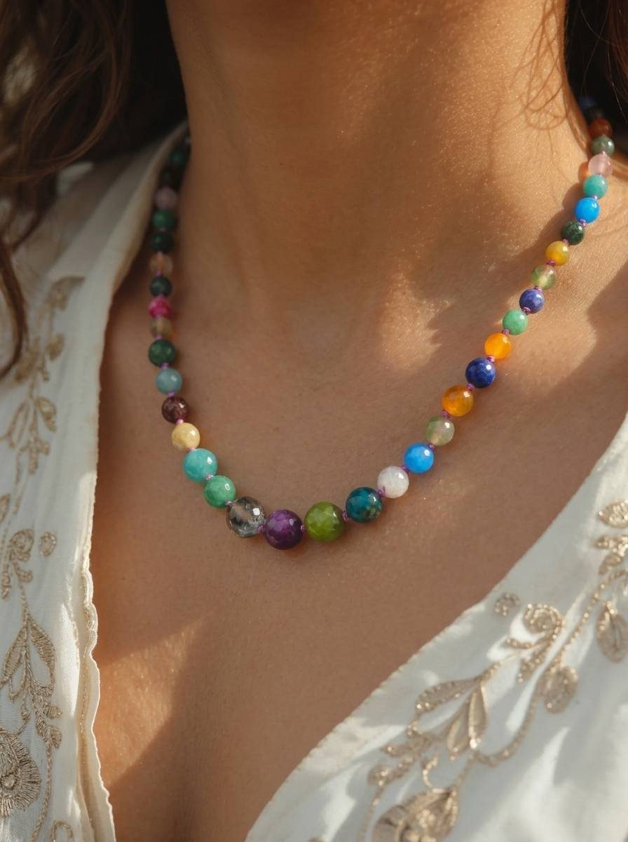 Multicolour stone bead necklace worn on a woman's neck over a white embroidered top in sunlight