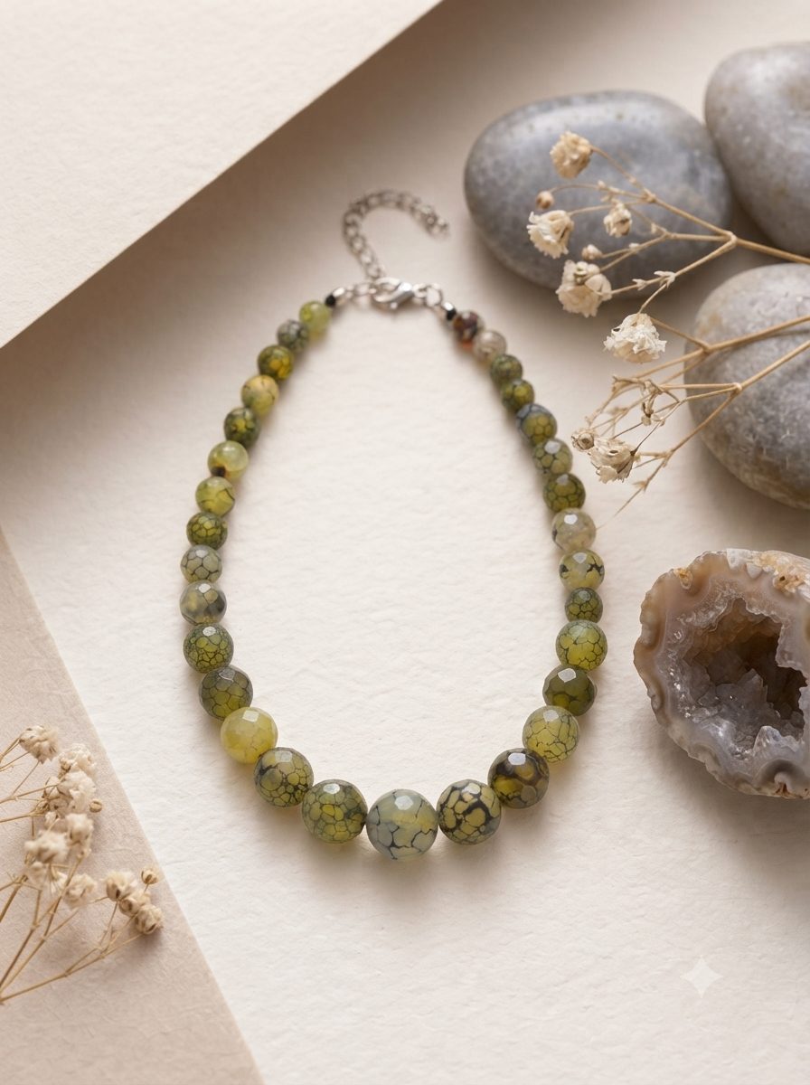 Faceted olive green agate bead necklace laid on cream paper beside natural pebbles and a raw agate geode