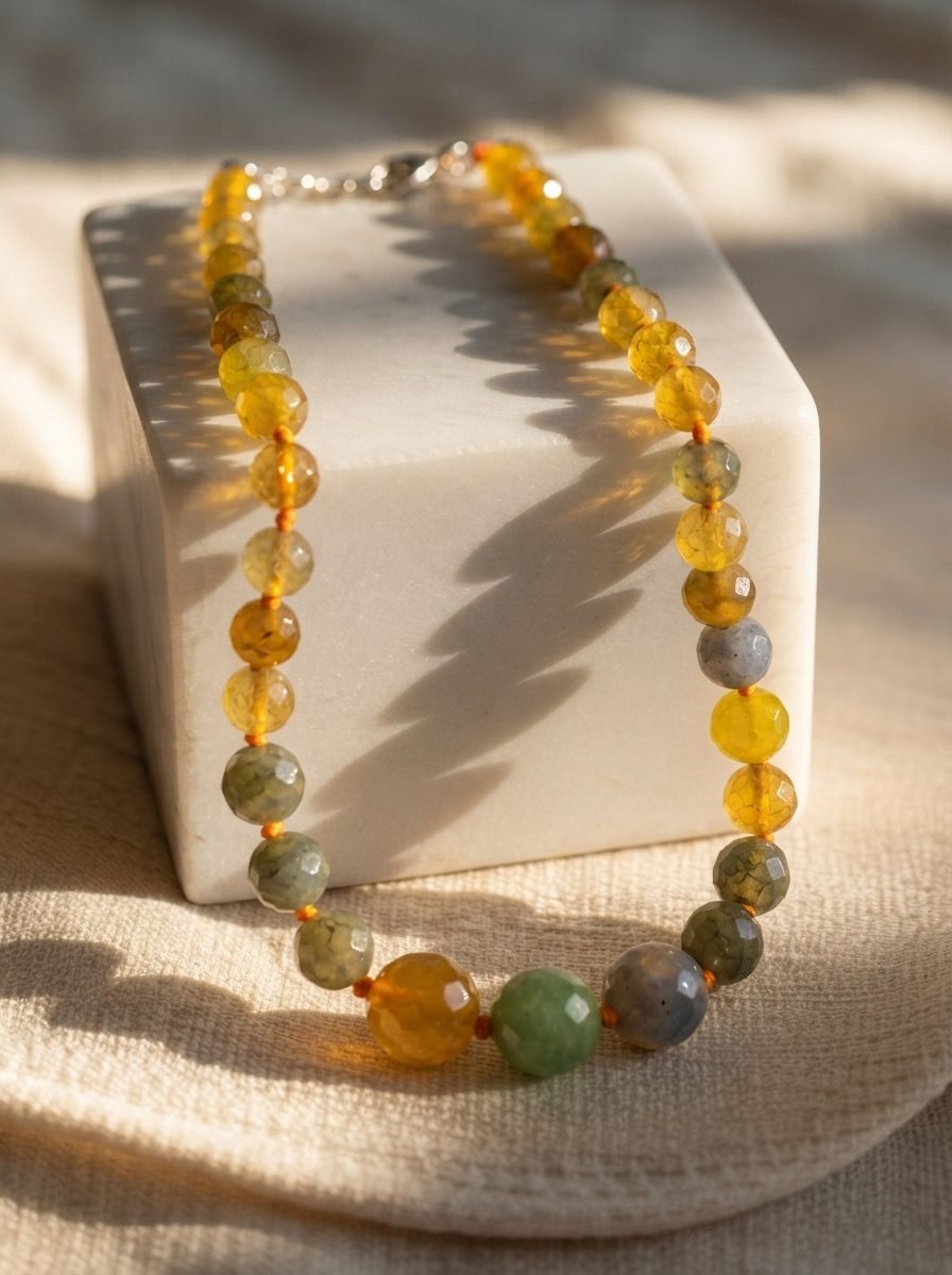 Amber and olive agate bead necklace draped over a white stone block in warm sunlight