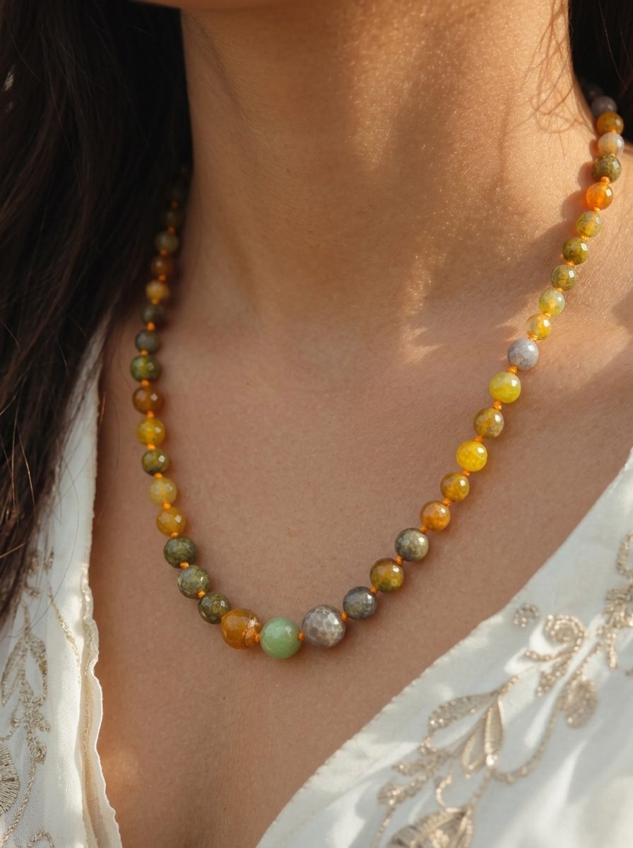 Multicolour agate bead necklace worn on a woman's neck over an ivory embroidered top