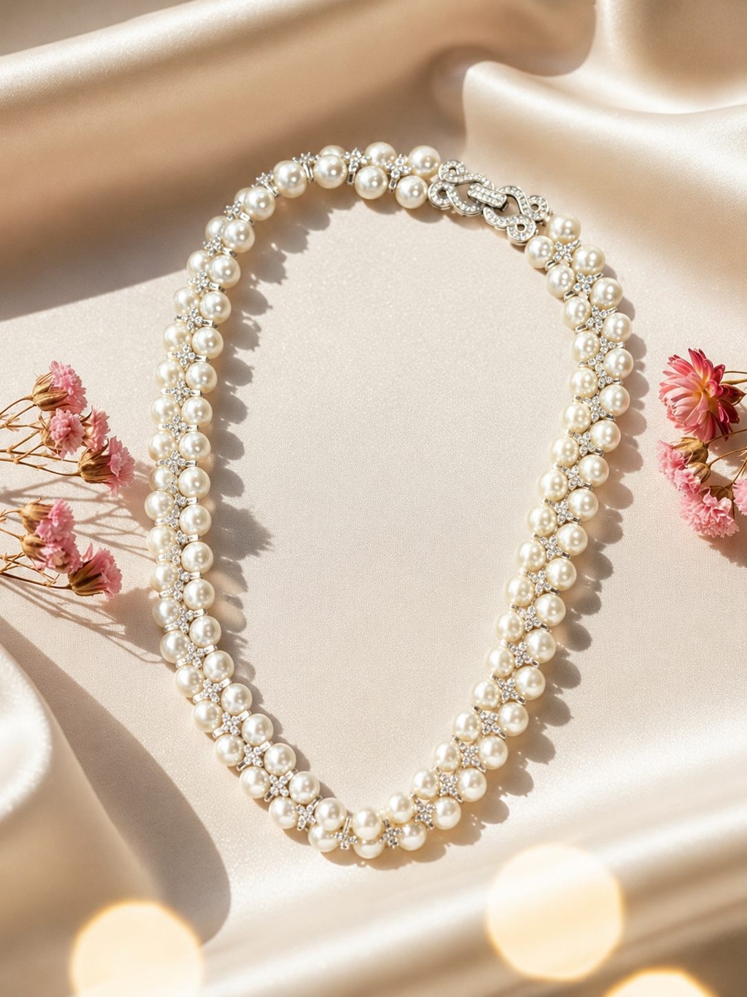 Two-row ivory pearl choker necklace with crystal spacers laid flat on cream satin fabric with pink dried flowers