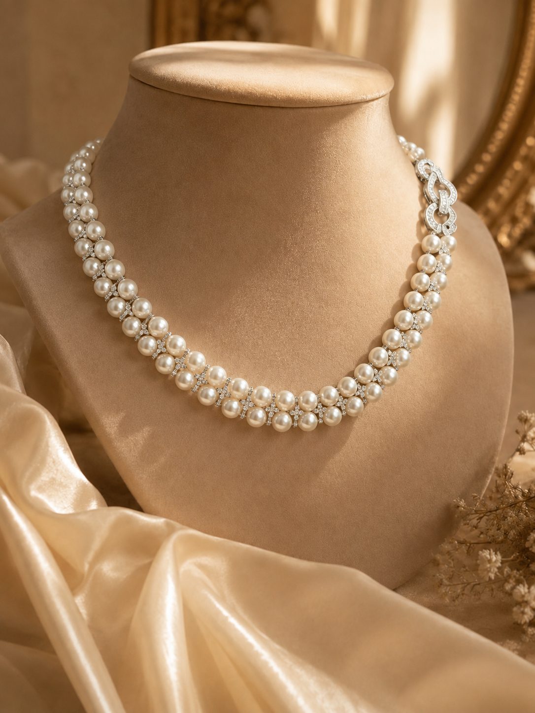 Pearl crystal choker necklace displayed on a beige velvet jewellery bust with gold mirror and satin drape