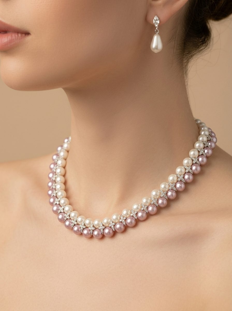 Model wearing double-row pink and white pearl necklace with matching pearl drop earrings against a neutral background