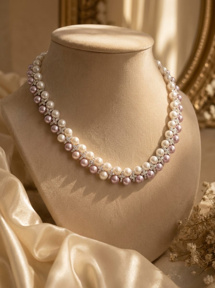 Pink and white double-row pearl necklace displayed on a beige jewellery bust with gold mirror in background