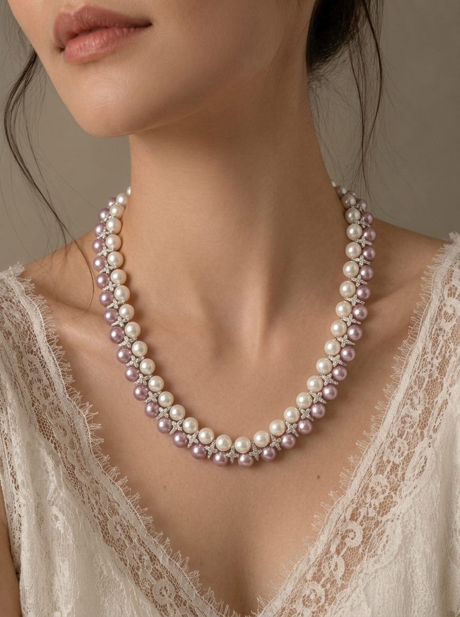 Close-up of model wearing double-row pink and white pearl necklace over a white lace top showing full length