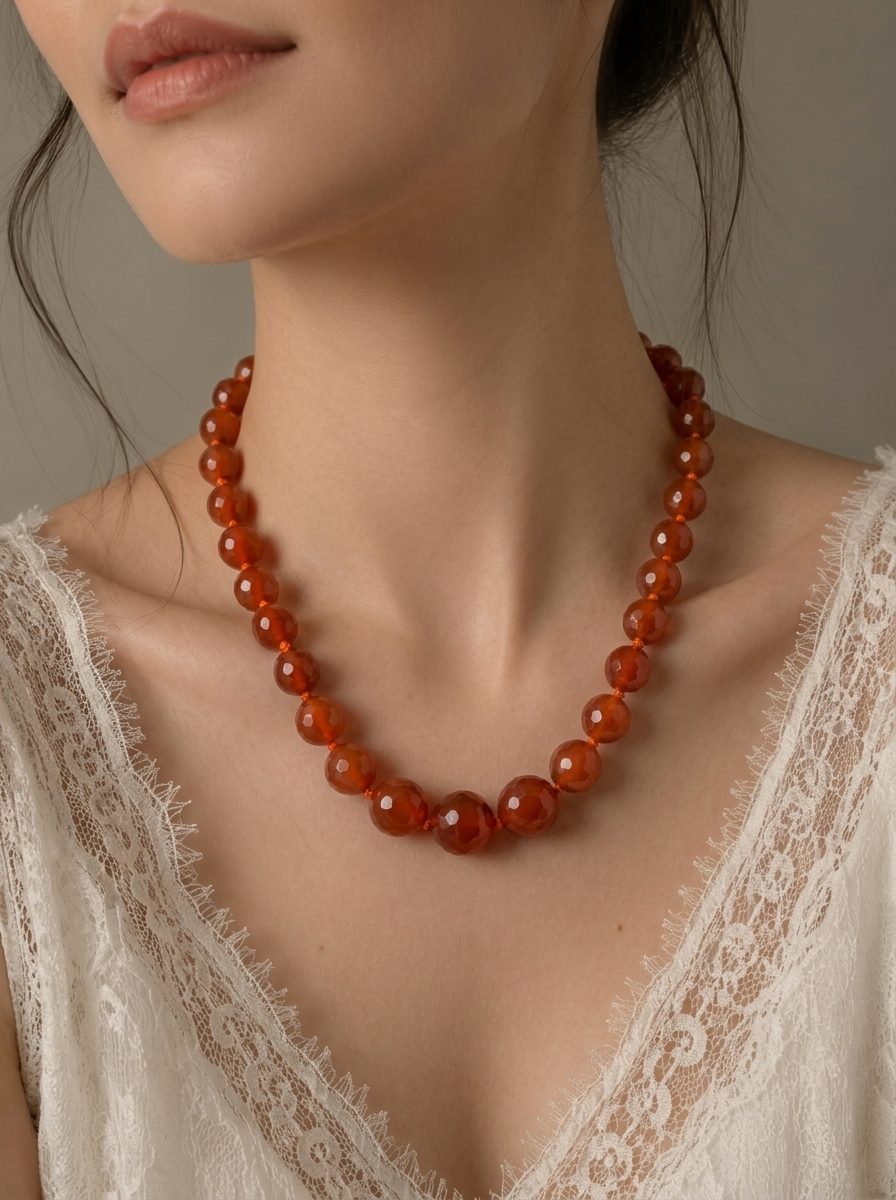 Carnelian agate bead necklace worn on a model with a white lace top showing collarbone placement