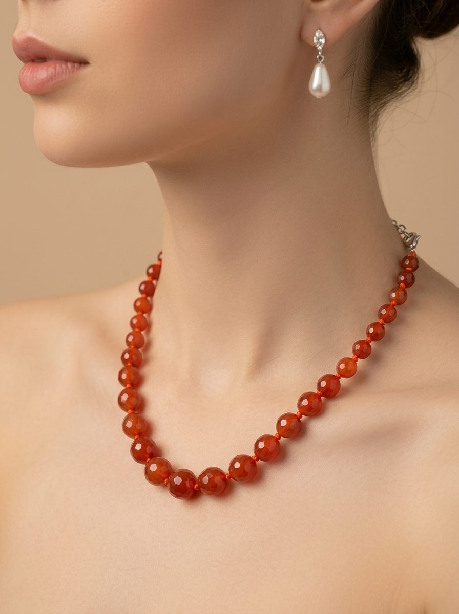 Model wearing carnelian bead necklace paired with silver and pearl drop earrings against a beige background