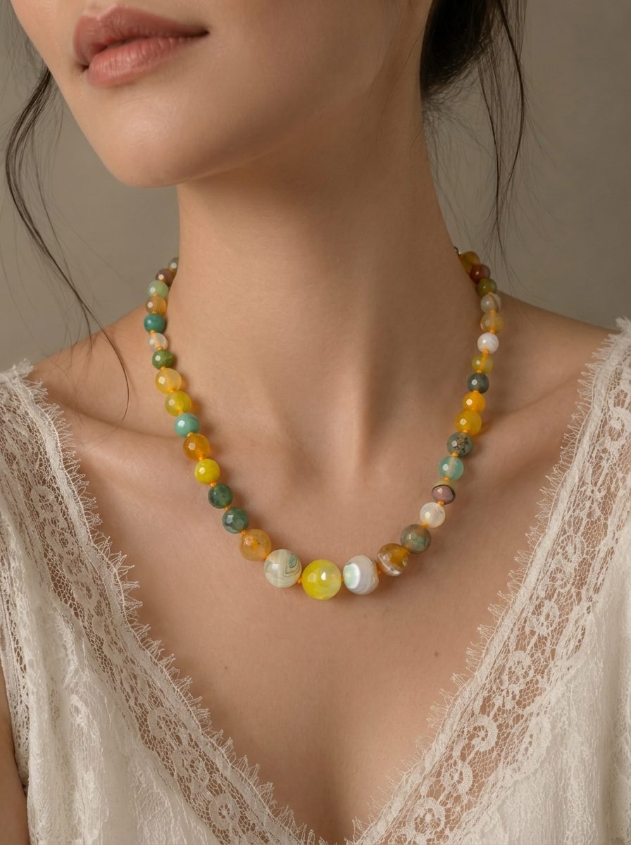Woman wearing multicolour agate necklace with a white lace top, front view