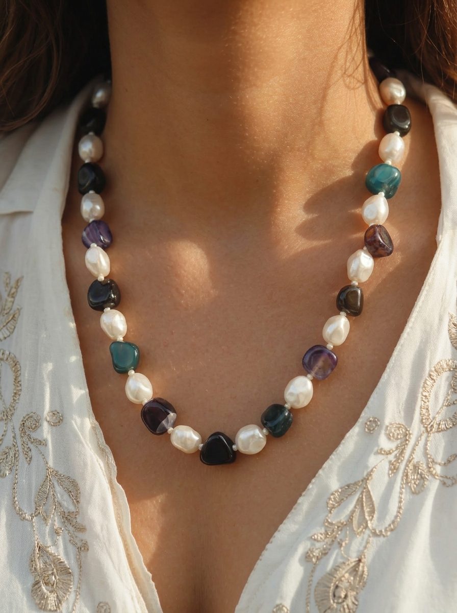 Beaded baroque pearl and stone necklace worn on a woman's neck over a white embroidered top in sunlight