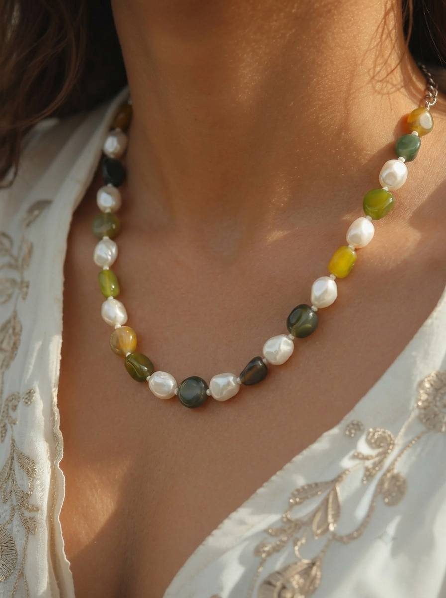 Green agate and pearl necklace worn at the collarbone over a white embroidered kurta in warm sunlight