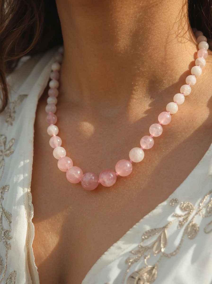 Rose quartz bead necklace worn around a woman's neck over a white embroidered top in sunlight