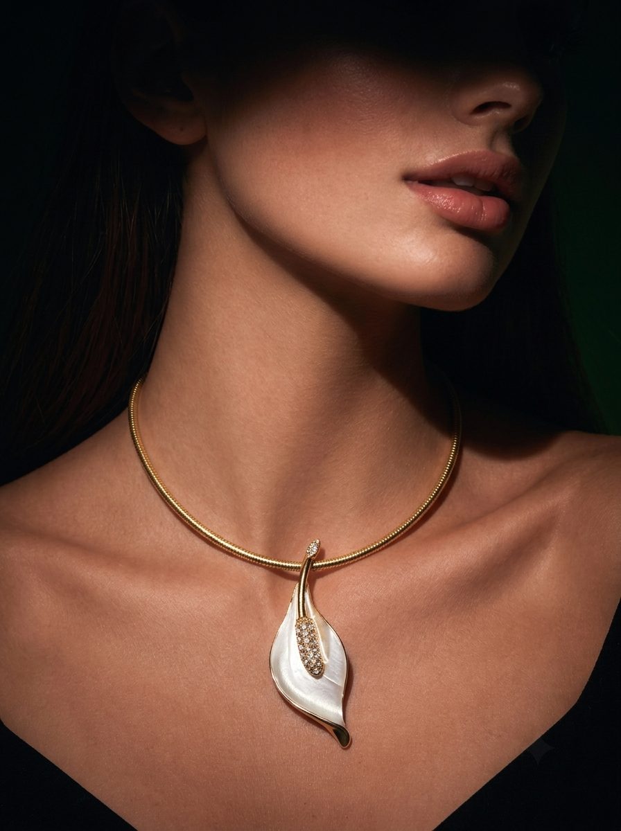 Model wearing gold-plated calla lily shell pendant necklace against a dark green background