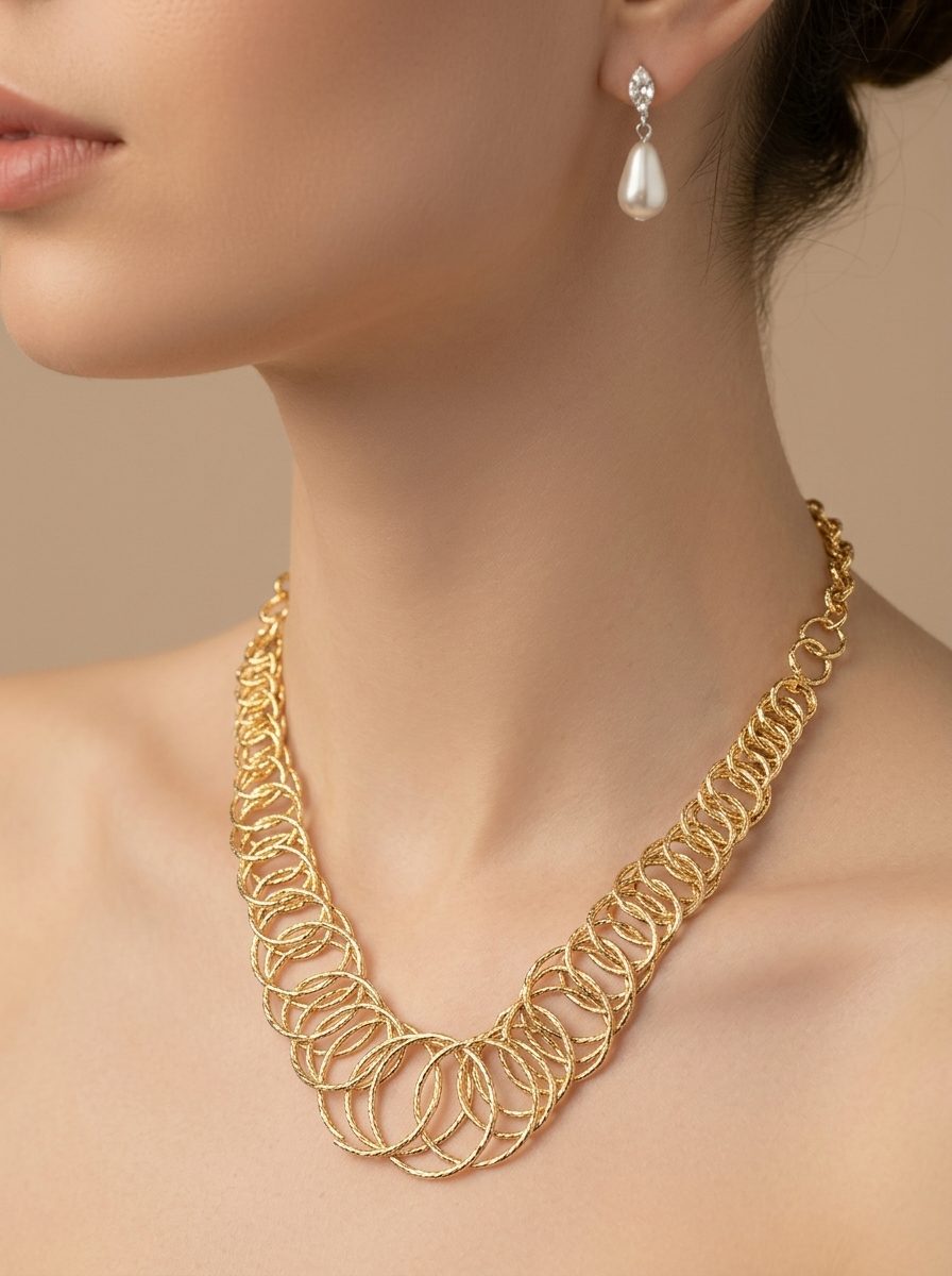 Woman wearing gold interlinked rings necklace paired with silver and pearl drop earrings