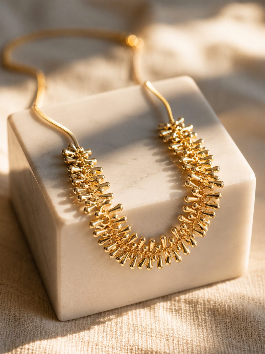 Gold spike statement necklace draped over a white marble cube in warm sunlight