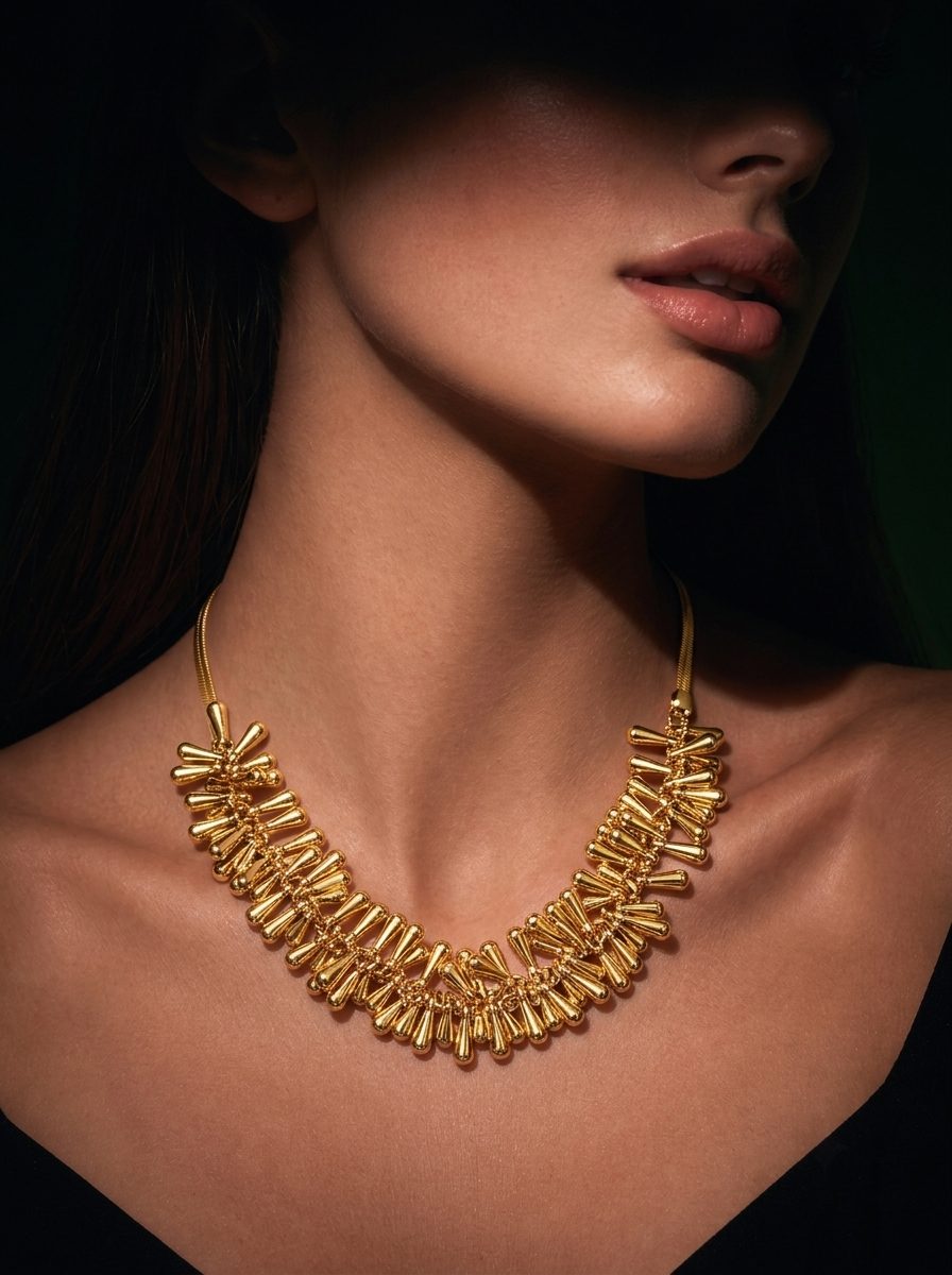 Gold spike collar necklace worn on a model against a dark green background