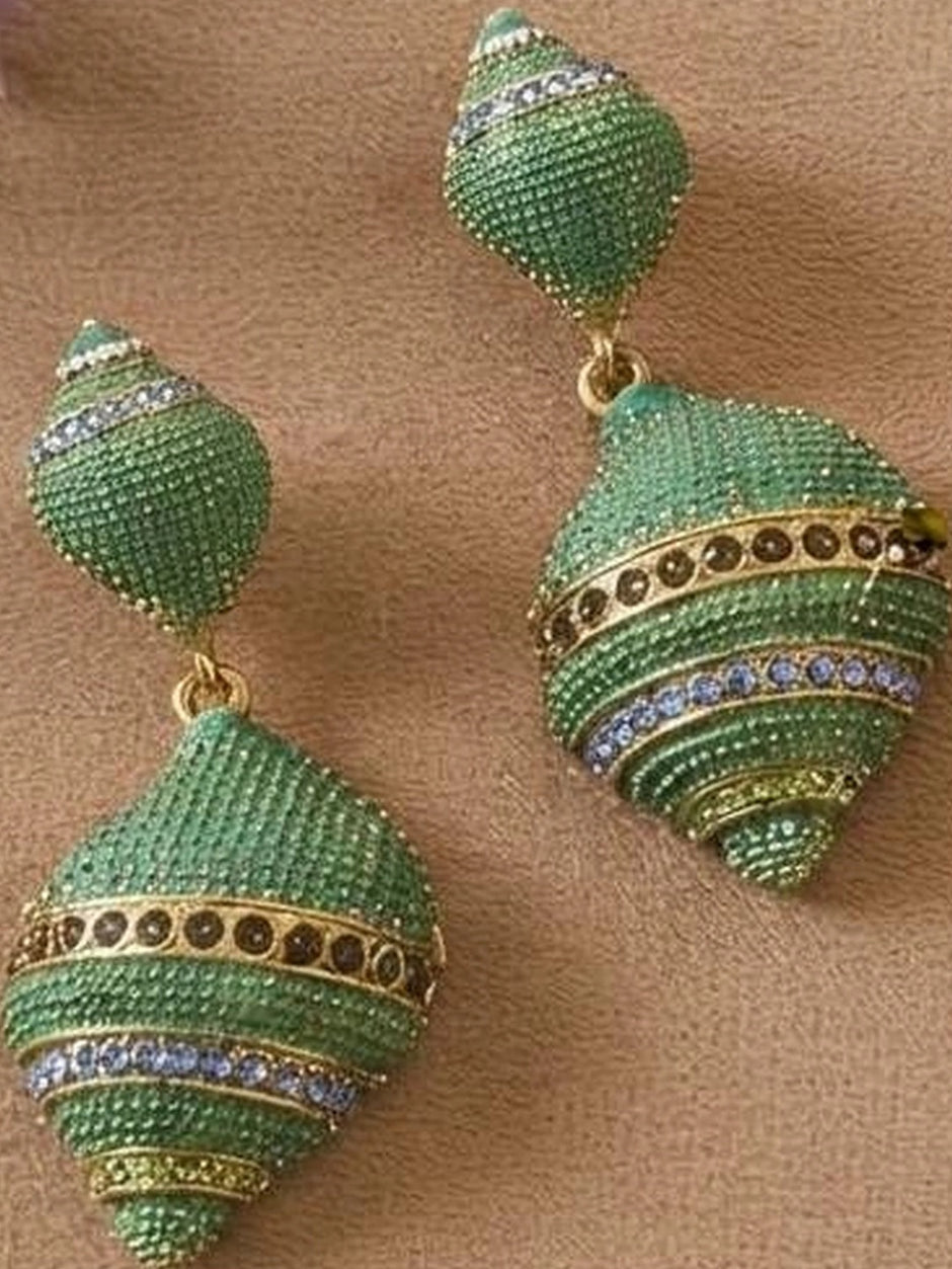Pair of green micro-crystal shell drop earrings with gold-tone bands and multi-coloured stone accents, shown flat