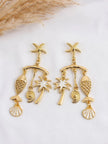 Both gold-plated ocean charm earrings laid flat on white surface showing starfish top, curved bar and three hanging charms