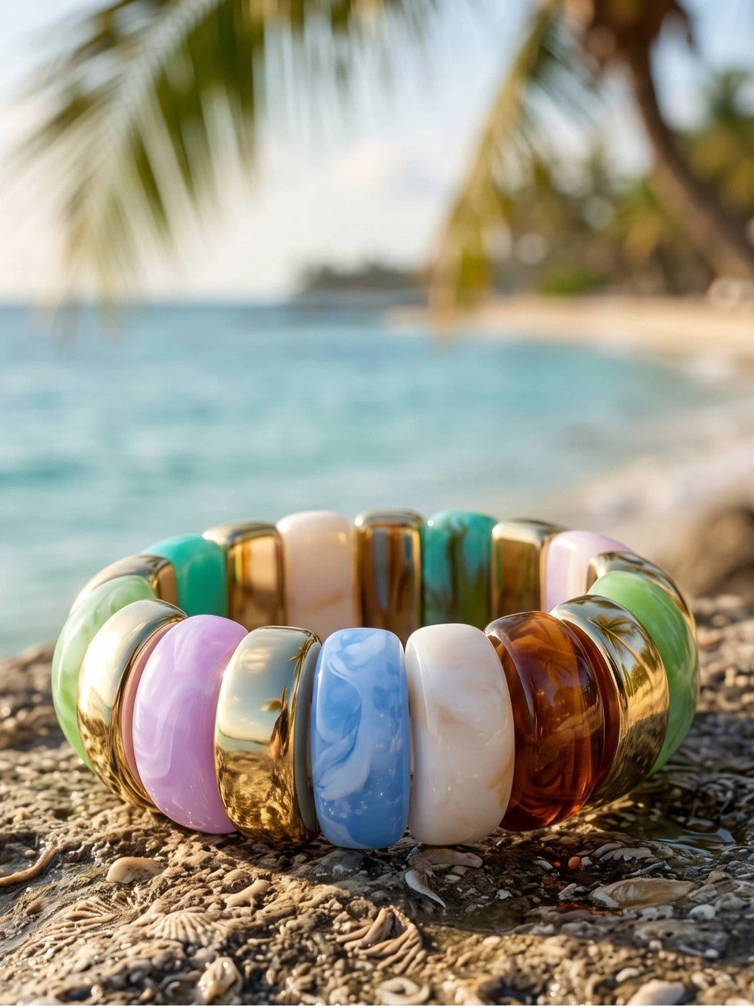 Multicolour resin stretch bracelet with gold-tone spacers resting on a coral rock beside a tropical beach