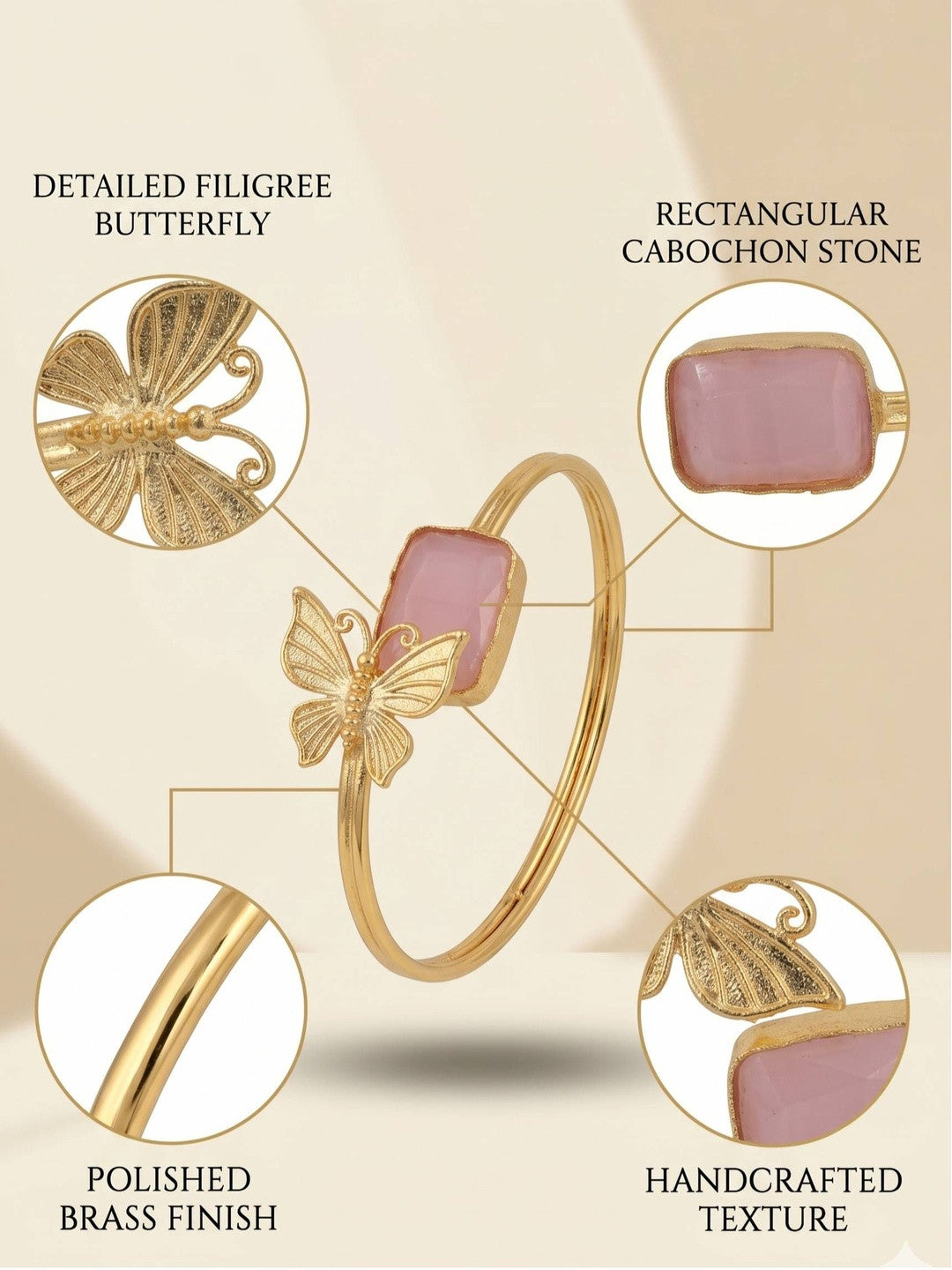 Annotated flat-lay of butterfly cuff bracelet highlighting filigree butterfly, cabochon stone, brass finish and handcrafted texture