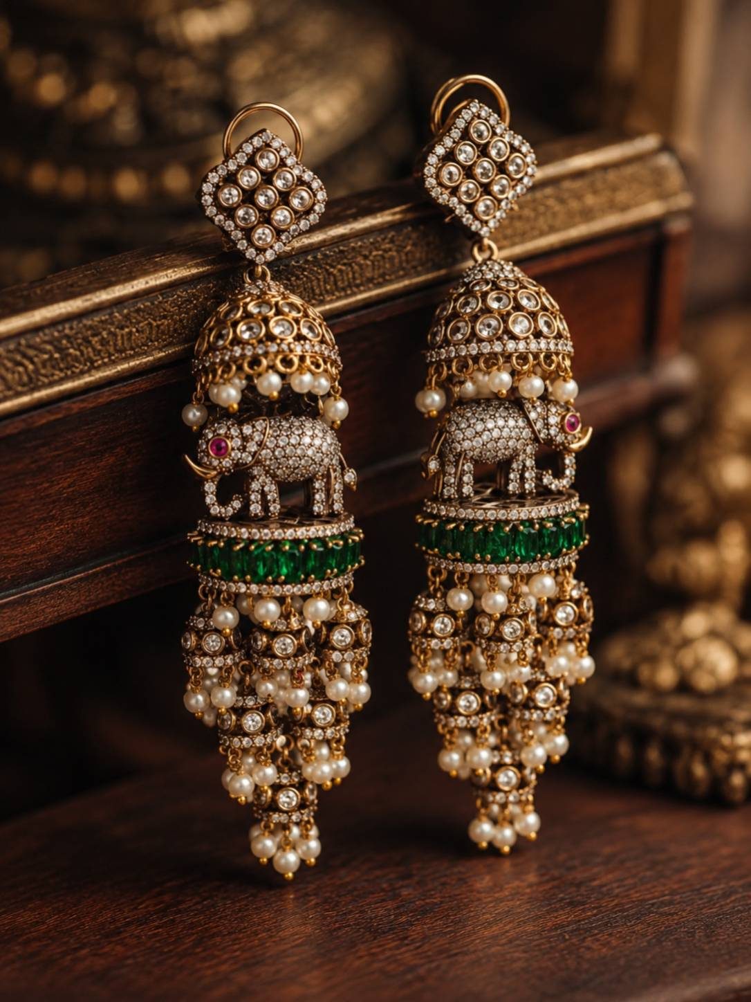 Pair of antique gold kundan elephant jhumka earrings leaning against an ornate wooden box, showing emerald baguette band and pearl drops